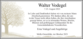 Traueranzeige von Walter Vodegel von Neue Osnabrücker Zeitung GmbH & Co. KG