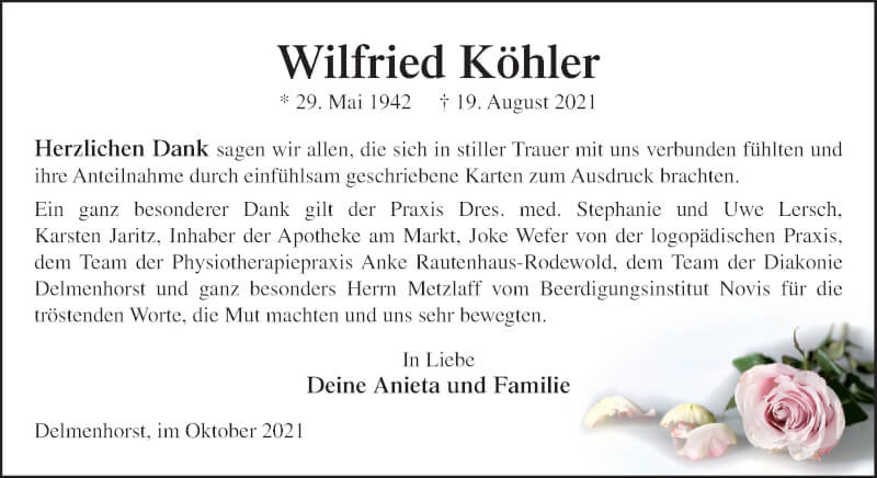  Traueranzeige für Wilfried Köhler vom 09.10.2021 aus Neue Osnabrücker Zeitung GmbH & Co. KG