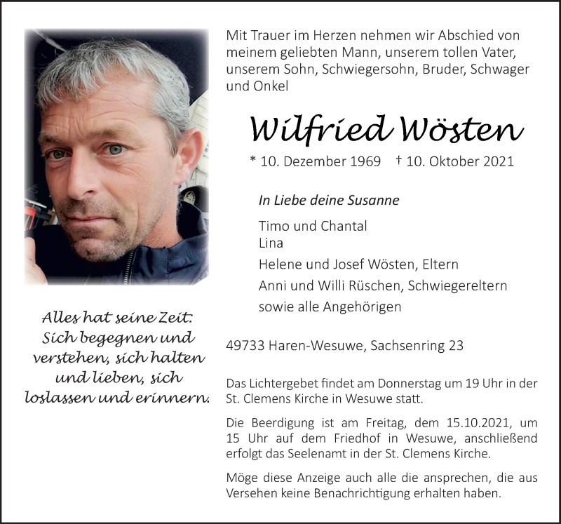  Traueranzeige für Wilfried Wösten vom 12.10.2021 aus Neue Osnabrücker Zeitung GmbH & Co. KG