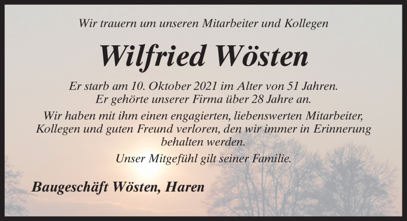  Traueranzeige für Wilfried Wösten vom 14.10.2021 aus Neue Osnabrücker Zeitung GmbH & Co. KG