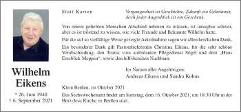 Traueranzeige von Wilhelm Eikens von Neue Osnabrücker Zeitung GmbH & Co. KG