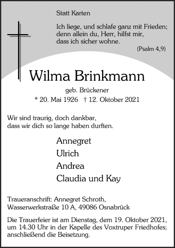 Traueranzeige von Wilma Brinkmann von Neue Osnabrücker Zeitung GmbH & Co. KG