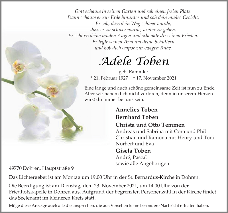  Traueranzeige für Adele Toben vom 20.11.2021 aus Neue Osnabrücker Zeitung GmbH & Co. KG