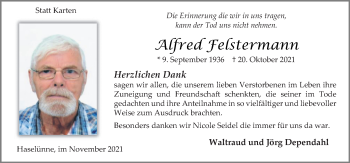 Traueranzeige von Afred Felstermann von Neue Osnabrücker Zeitung GmbH & Co. KG