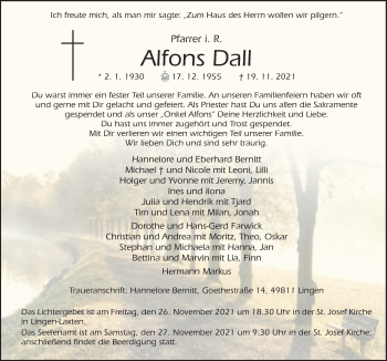 Traueranzeige von Alfons Dall von Neue Osnabrücker Zeitung GmbH & Co. KG