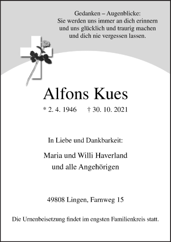 Traueranzeige von Alfons Kues von Neue Osnabrücker Zeitung GmbH & Co. KG