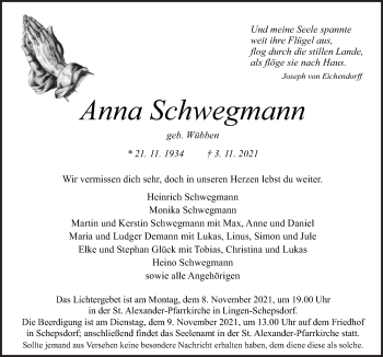 Traueranzeige von Anna Schwegmann von Neue Osnabrücker Zeitung GmbH & Co. KG