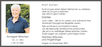 Traueranzeige von Annegret Witschen von Neue Osnabrücker Zeitung GmbH & Co. KG