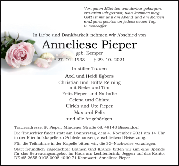 Traueranzeige von Anneliese Pieper von Neue Osnabrücker Zeitung GmbH & Co. KG