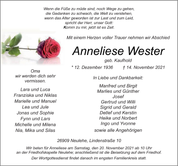 Traueranzeige von Anneliese Wester von Neue Osnabrücker Zeitung GmbH & Co. KG