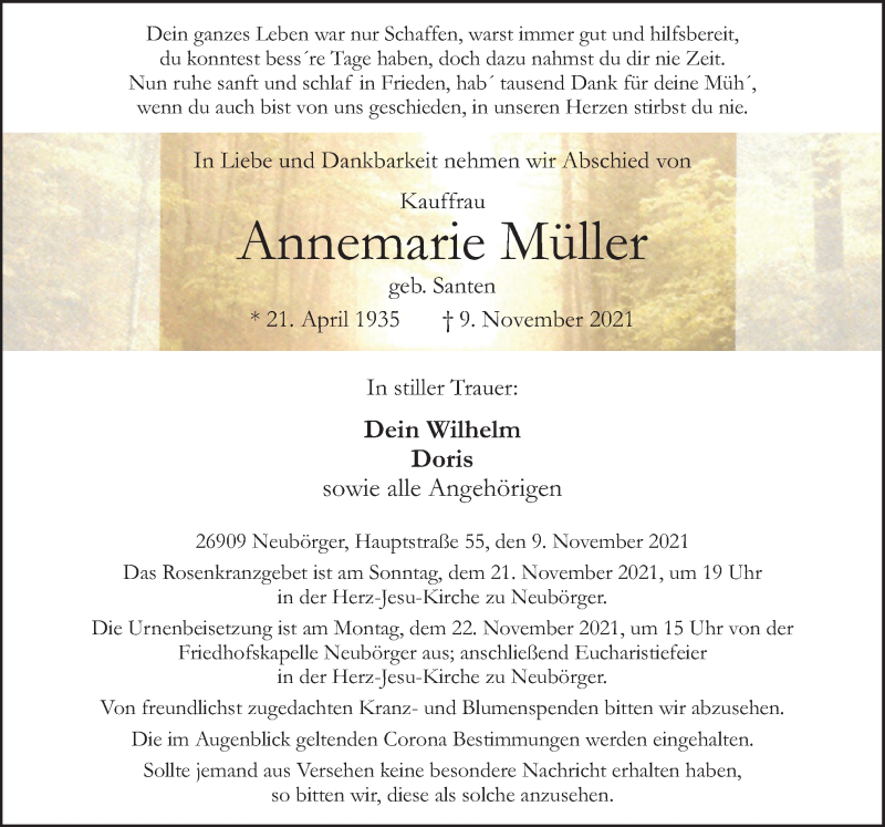  Traueranzeige für Annemarie Müller vom 12.11.2021 aus Neue Osnabrücker Zeitung GmbH & Co. KG