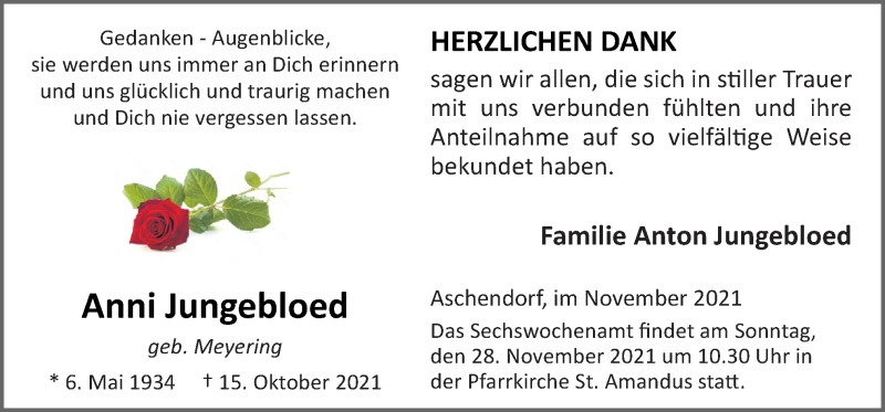  Traueranzeige für Anni Jungebloed vom 27.11.2021 aus Neue Osnabrücker Zeitung GmbH & Co. KG
