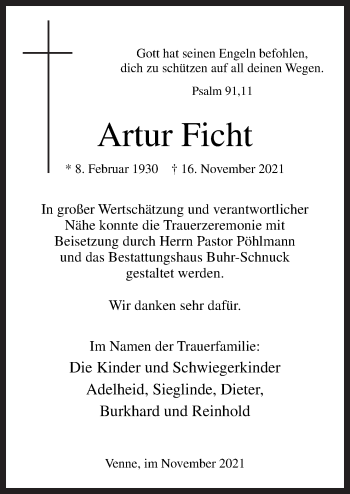 Traueranzeige von Artur Ficht von Neue Osnabrücker Zeitung GmbH & Co. KG