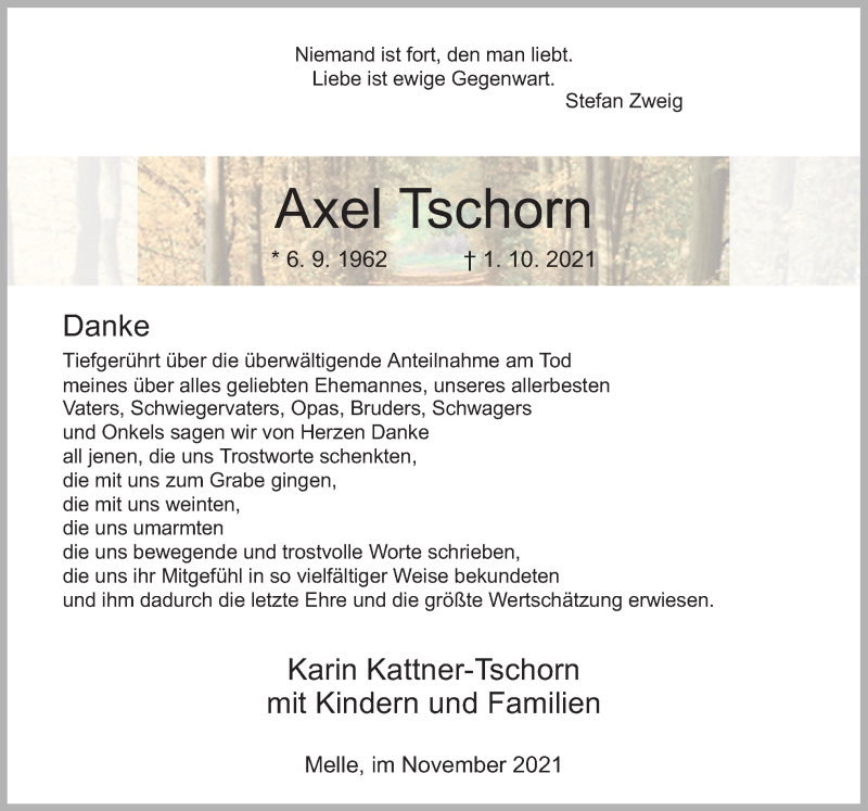  Traueranzeige für Axel Tschorn vom 06.11.2021 aus Neue Osnabrücker Zeitung GmbH & Co. KG