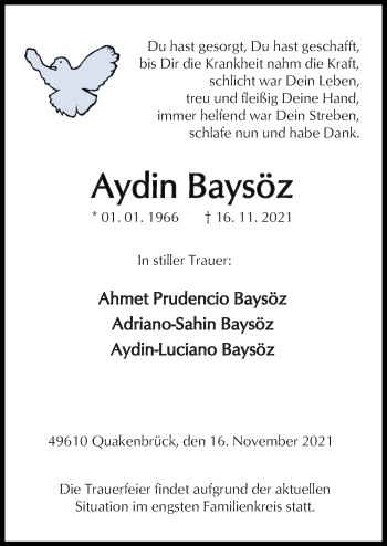 Traueranzeige von Aydin Baysöz von Neue Osnabrücker Zeitung GmbH & Co. KG