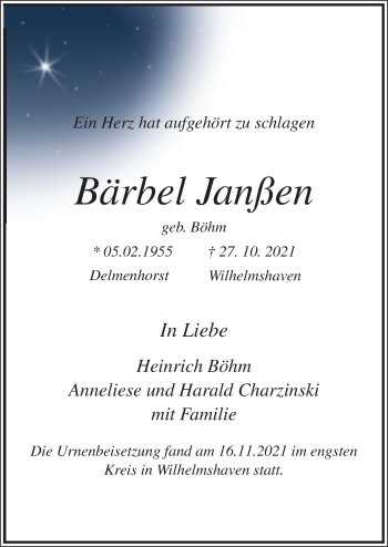 Traueranzeige von Bärbel Janßen von Neue Osnabrücker Zeitung GmbH & Co. KG