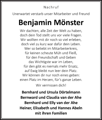 Traueranzeige von Benjamin Mönster von Neue Osnabrücker Zeitung GmbH & Co. KG