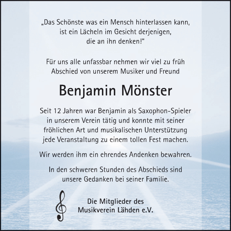  Traueranzeige für Benjamin Mönster vom 20.11.2021 aus Neue Osnabrücker Zeitung GmbH & Co. KG