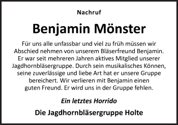 Traueranzeige von Benjamin Mönster von Neue Osnabrücker Zeitung GmbH & Co. KG