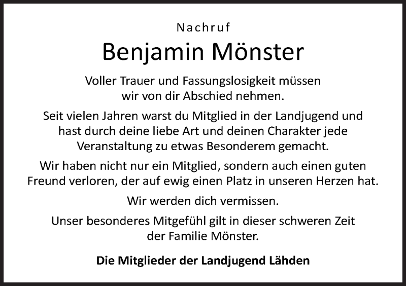  Traueranzeige für Benjamin Mönster vom 20.11.2021 aus Neue Osnabrücker Zeitung GmbH & Co. KG