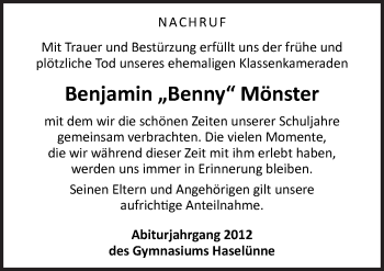 Traueranzeige von Benjamin Mönster von Neue Osnabrücker Zeitung GmbH & Co. KG