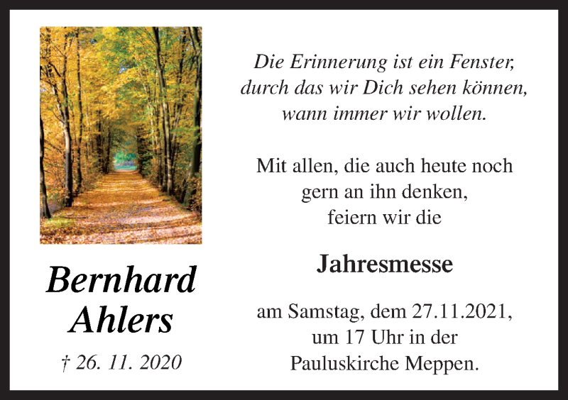  Traueranzeige für Bernhard Ahlers vom 25.11.2021 aus Neue Osnabrücker Zeitung GmbH & Co. KG