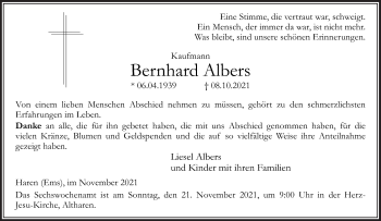 Traueranzeige von Bernhard Albers von Neue Osnabrücker Zeitung GmbH & Co. KG