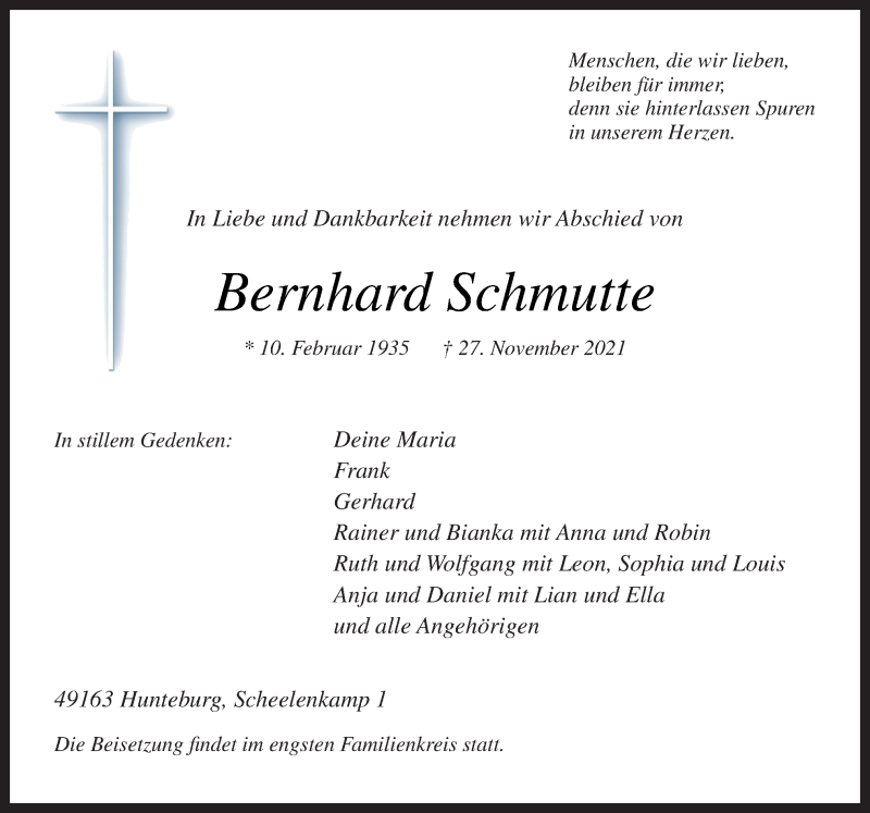  Traueranzeige für Bernhard Schmutte vom 29.11.2021 aus Neue Osnabrücker Zeitung GmbH & Co. KG