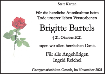 Traueranzeige von Brigitte Bartels von Neue Osnabrücker Zeitung GmbH & Co. KG