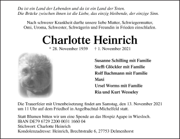 Traueranzeige von Charlotte Heinrich von Neue Osnabrücker Zeitung GmbH & Co. KG