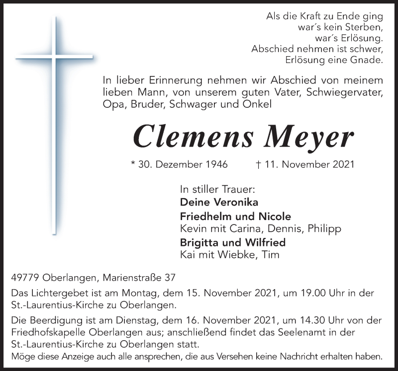  Traueranzeige für Clemens Meyer vom 13.11.2021 aus Neue Osnabrücker Zeitung GmbH & Co. KG