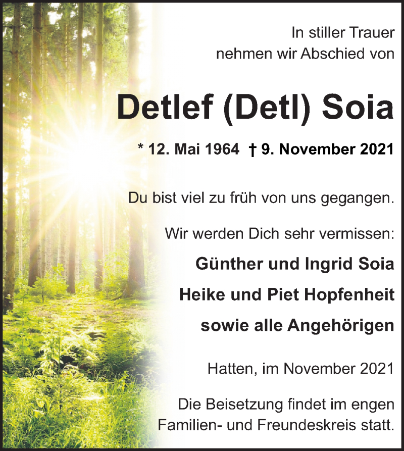  Traueranzeige für Detlef  Soia vom 20.11.2021 aus Neue Osnabrücker Zeitung GmbH & Co. KG