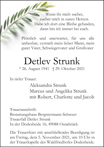 Traueranzeige von Detlev Strunk von Neue Osnabrücker Zeitung GmbH & Co. KG