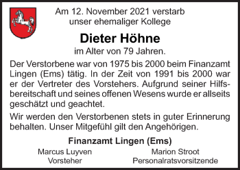 Traueranzeige von Dieter Höhne von Neue Osnabrücker Zeitung GmbH & Co. KG