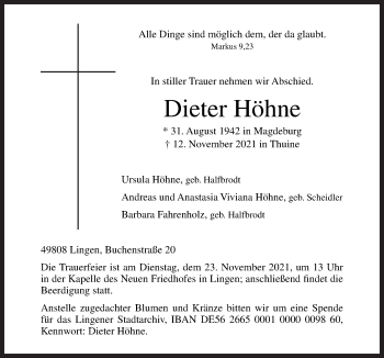 Traueranzeige von Dieter Höhne von Neue Osnabrücker Zeitung GmbH & Co. KG
