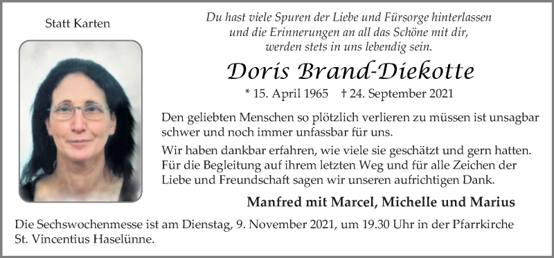  Traueranzeige für Doris Brand-Diekotte vom 06.11.2021 aus Neue Osnabrücker Zeitung GmbH & Co. KG