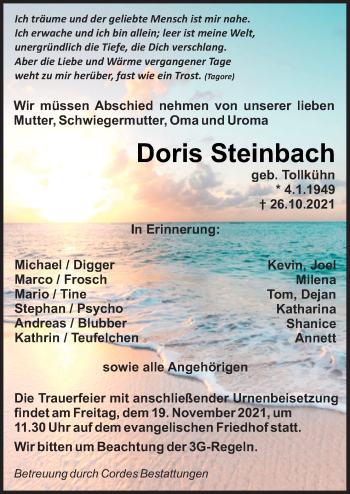 Traueranzeige von Doris Steinbach von Neue Osnabrücker Zeitung GmbH & Co. KG