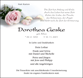 Traueranzeige von Dorothea Geske von Neue Osnabrücker Zeitung GmbH & Co. KG