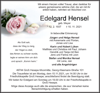 Traueranzeige von Edelgard Hensel von Neue Osnabrücker Zeitung GmbH & Co. KG