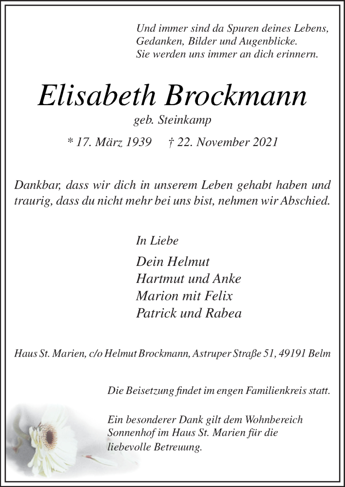  Traueranzeige für Elisabeth Brockmann vom 27.11.2021 aus Neue Osnabrücker Zeitung GmbH & Co. KG