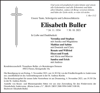 Traueranzeige von Elisabeth Buller von Neue Osnabrücker Zeitung GmbH & Co. KG