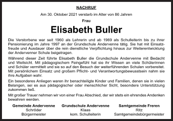 Traueranzeige von Elisabeth Buller von Neue Osnabrücker Zeitung GmbH & Co. KG