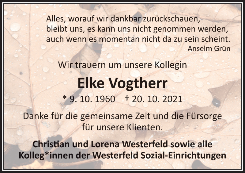  Traueranzeige für Elke Vogtherr vom 06.11.2021 aus Neue Osnabrücker Zeitung GmbH & Co. KG