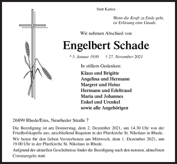 Traueranzeige von Engelbert Schade von Neue Osnabrücker Zeitung GmbH & Co. KG