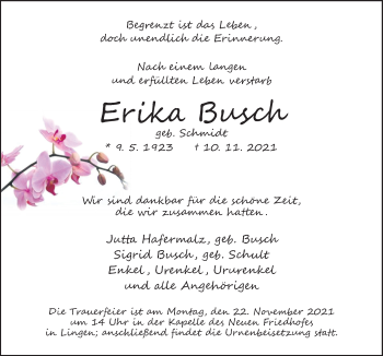 Traueranzeige von Erika Busch von Neue Osnabrücker Zeitung GmbH & Co. KG