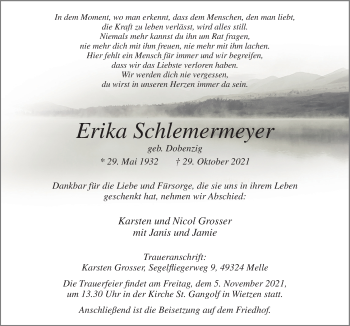 Traueranzeige von Erika Schlemermeyer von Neue Osnabrücker Zeitung GmbH & Co. KG