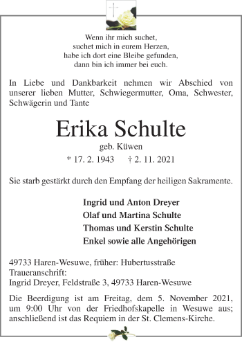 Traueranzeige von Erika Schulte von Neue Osnabrücker Zeitung GmbH & Co. KG