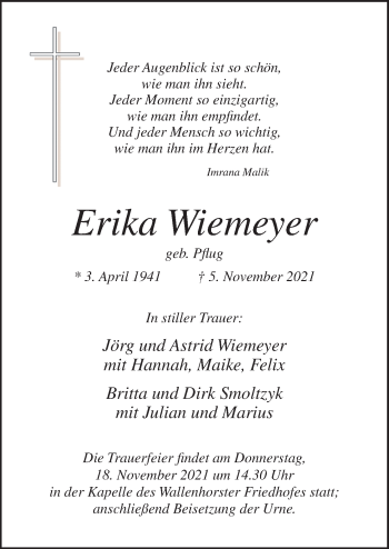 Traueranzeige von Erika Wiemeyer von Neue Osnabrücker Zeitung GmbH & Co. KG