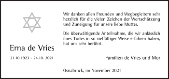 Traueranzeige von Erna de Vries von Neue Osnabrücker Zeitung GmbH & Co. KG