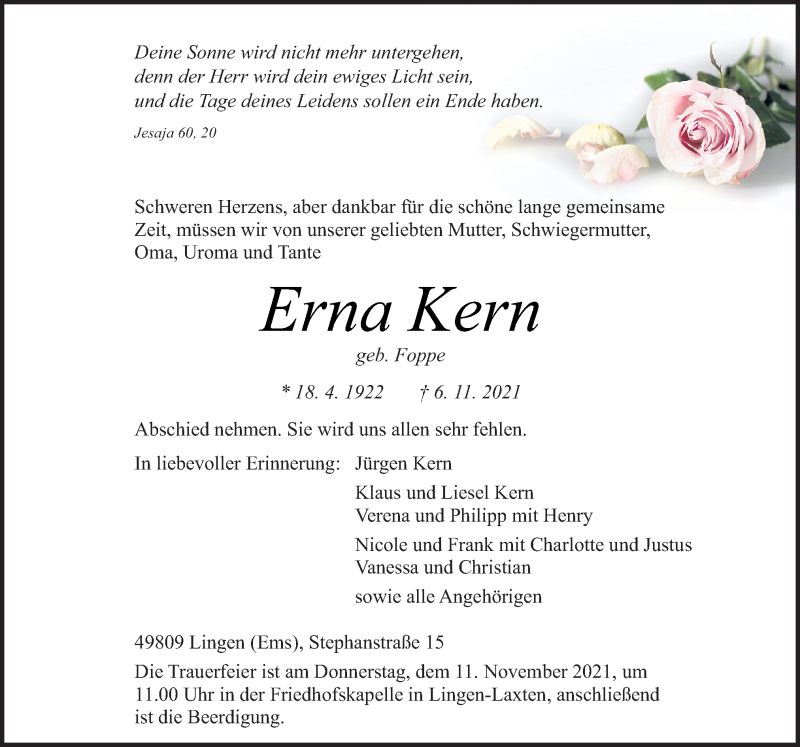 Traueranzeige für Erna Kern vom 09.11.2021 aus Neue Osnabrücker Zeitung GmbH & Co. KG